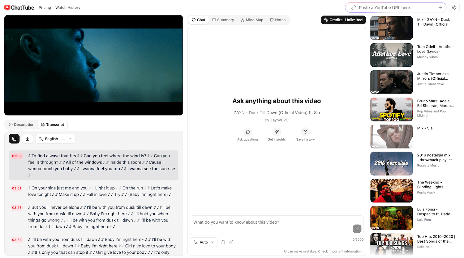 Extract lyrics from a YouTube video using ChatTube.