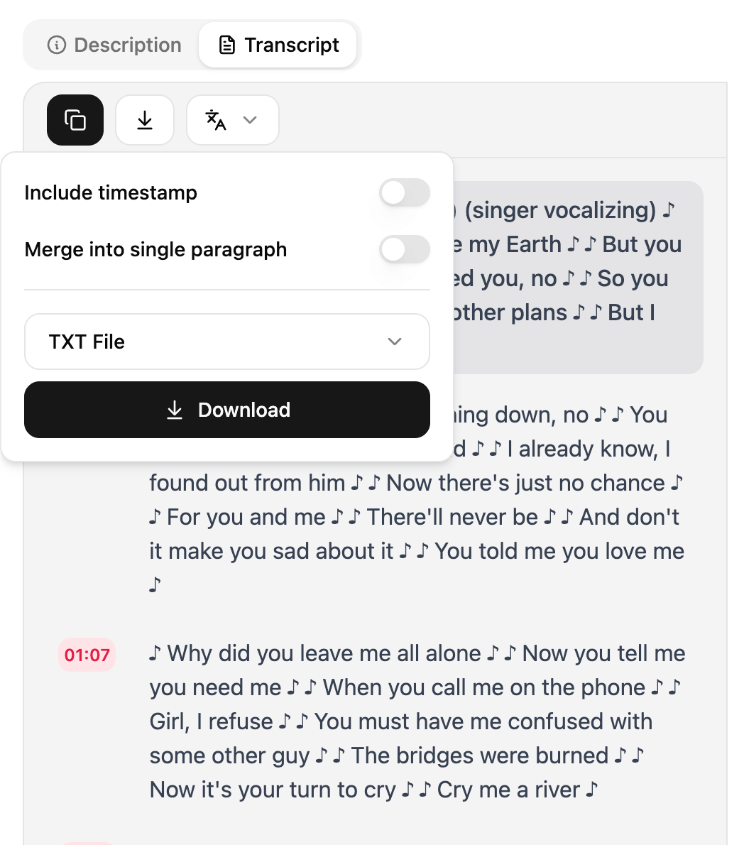 A screenshot that shows how to copy or export lyrics as TXT or PDF with ChatTube.