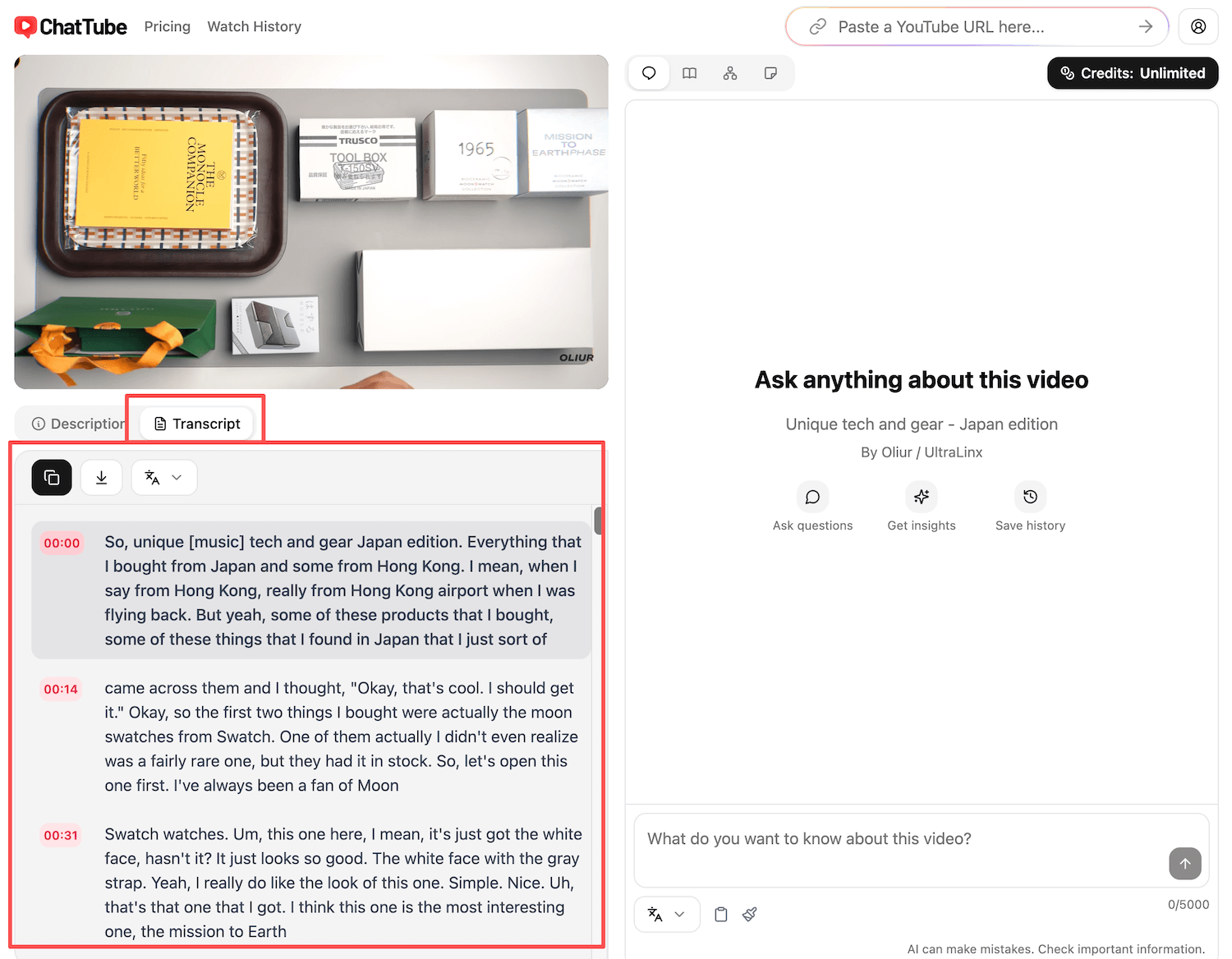 A screenshot of the ChatTube app that shows how to generate a YouTube transcript.