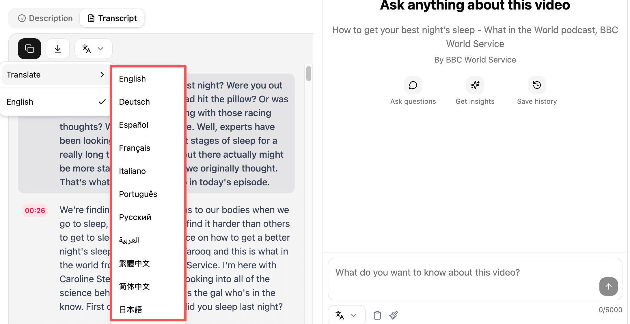 A screenshot of the ChatTube app that shows how users can get answers in their native language.