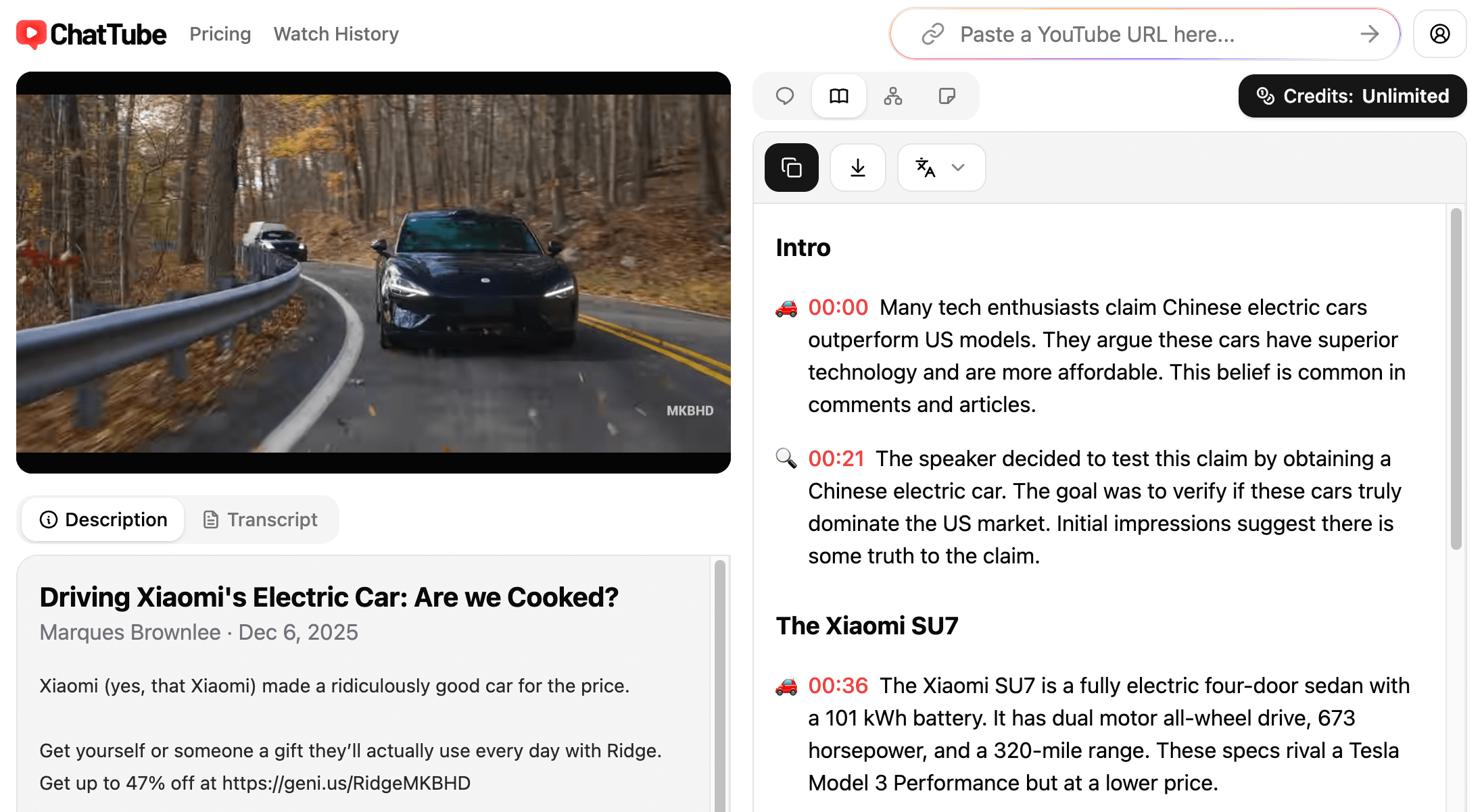 A screenshot of the ChatTube app that shows how users can easily locate exact moments in the video.